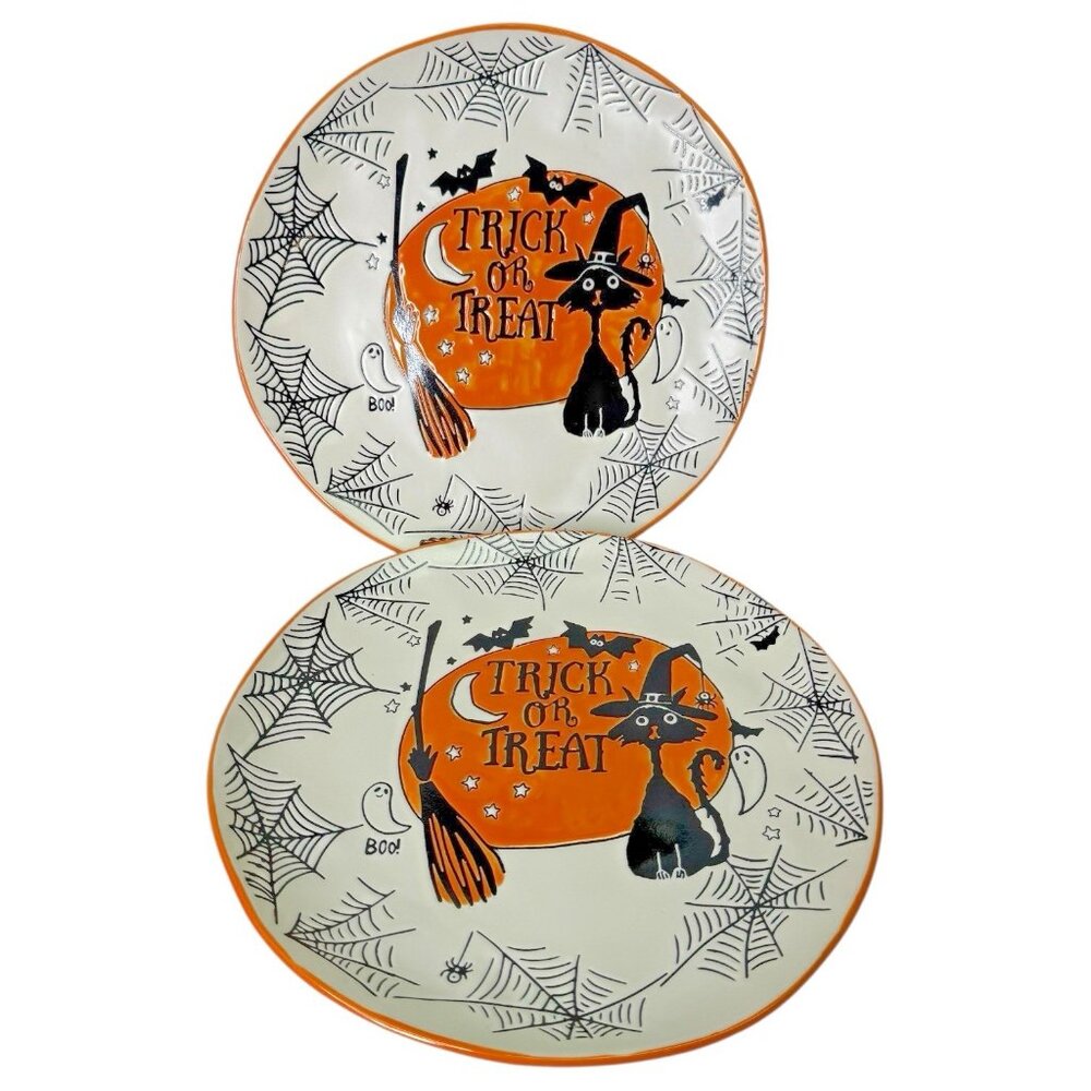 Eli + Ana Halloween Funky Feline Trick or Treat Dinner Plates Set of 2 New Retro